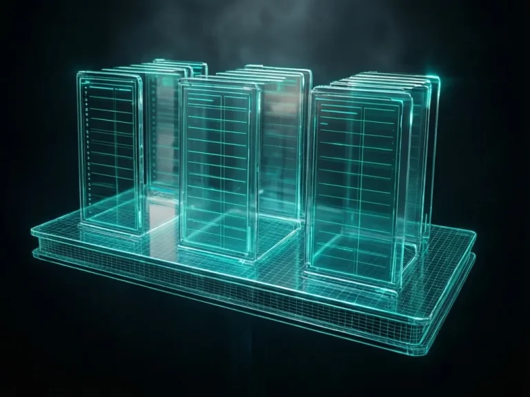 transparent holographic pricing table floating in darkness, teal glowing grid lines, tiered columns illuminated from within — AIscending guide