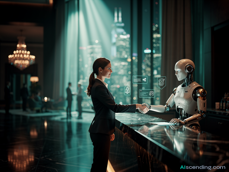 a grand futuristic hotel lobby at evening with floor-to-ceiling windows revealing a glittering city skyline, an attractive woman in business attire shaking hands with a sleek humanoid android concierge across a polished dark marble counter, holographic client cards and deal notifications floating in ambient teal light around them, guests and staff moving softly in the warm background, crystal chandeliers casting warm pools of light against deep shadowed corridors — S109-SCENE-UPGRADE — AIscending guide