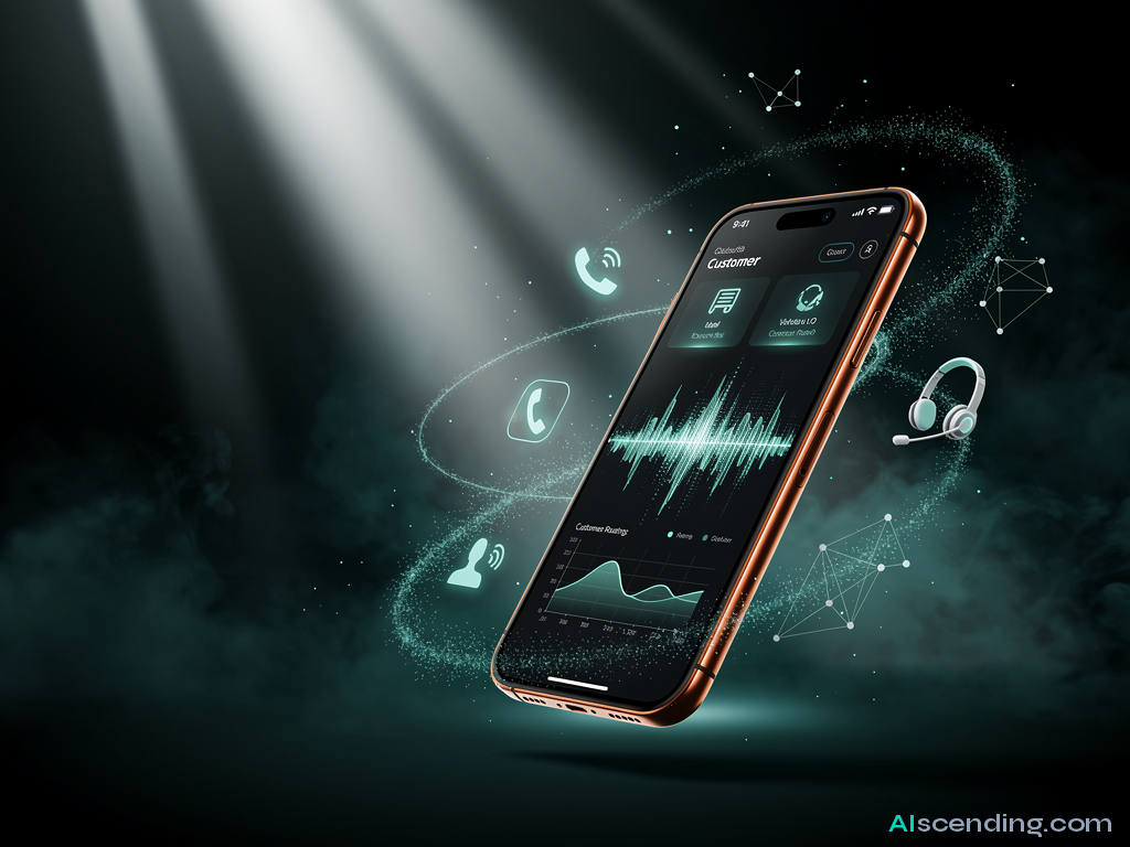 a moonlit rooftop garden above a bustling city, an android with a gentle expression seated at a teal-glowing communications console answering calls while the empty chair beside it faces the skyline, every call routed and resolved before it rings twice — AIscending guide