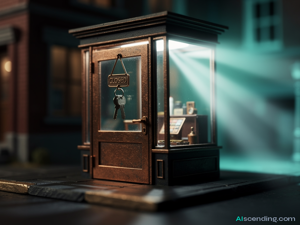 a grand futuristic hotel lobby at evening with floor-to-ceiling windows revealing a glittering city skyline, an attractive woman in business attire shaking hands with a sleek humanoid android concierge across a polished dark marble counter, holographic client cards and deal notifications floating in ambient teal light around them, guests and staff moving softly in the warm background, crystal chandeliers casting warm pools of light against deep shadowed corridors — AIscending guide