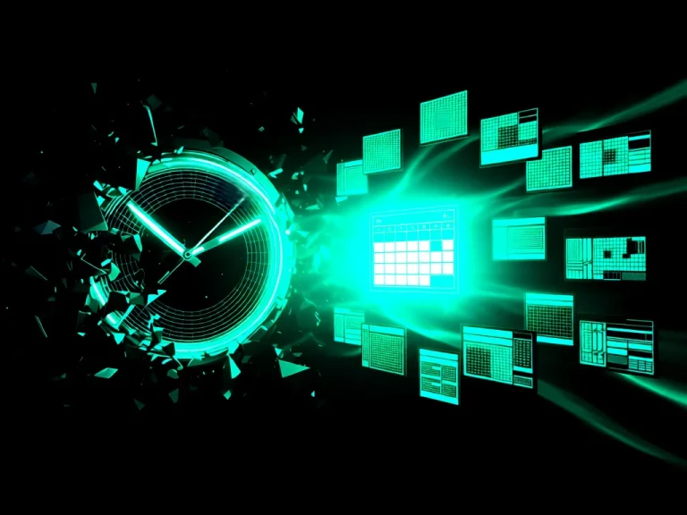 Glowing analog clock face shattering into geometric fragments in dark space, pieces transforming into multiple smaller digital calendar interfaces floating outward, teal energy streams connecting the fragments, one central calendar glowing brighter than the rest — AIscending guide