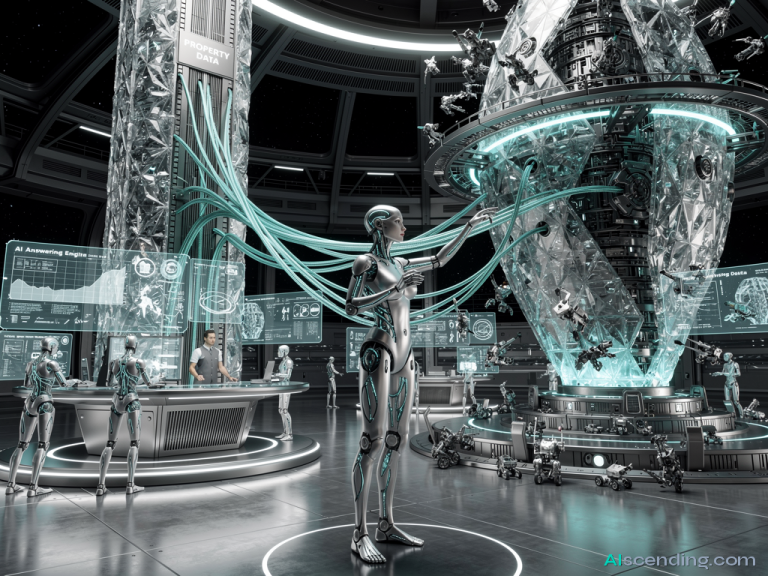 A strikingly beautiful android receptionist adjusts glowing fiber-optic cables connecting a towering Property Data Spire to a massive AI Answering Engine Core. The Engine Core hums with teal energy pulses, powering swarms of miniature utility droids that maintain its crystalline surfaces. Other androids monitor holographic overlays displaying real-time property data in a bustling orbital data center, illuminated by the deep space station ambient glow. Brushed chrome, translucent skin panels. 8k resolution, hyper-realistic, intricate mechanical detail, no text logos or UI — AIscending guide