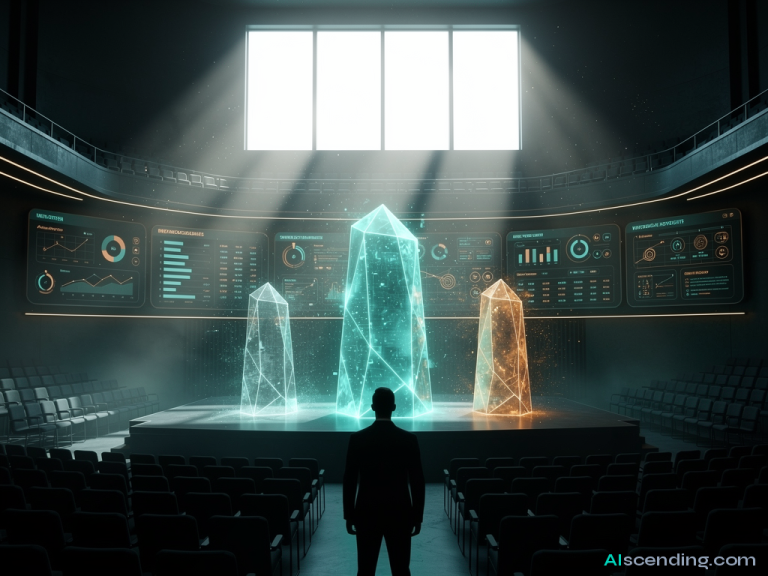 a grand amphitheater at twilight with three towering holographic product monuments on stage, a hyper-realistic android curator gesturing toward the center monument as it pulses brighter in teal while the flanking two respectfully dim, the audience seats empty because the verdict speaks for itself — AIscending guide