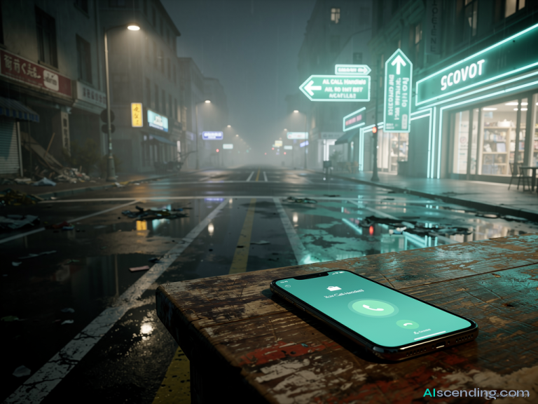 a rain-slicked crossroads in a futuristic coastal city at blue hour, one boulevard fading into fog and neglect while the other blazes with teal-lit storefronts and holographic wayfinding signs pointing forward, puddles reflecting the glow of the chosen path — AIscending guide