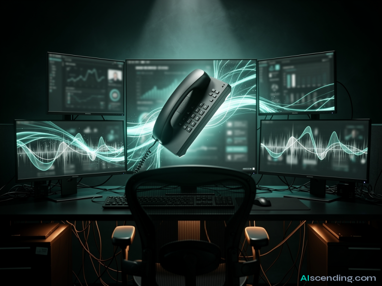 a moonlit rooftop garden above a bustling city, an android with a gentle expression seated at a teal-glowing communications console answering calls while the empty chair beside it faces the skyline, every call routed and resolved before it rings twice — AIscending guide