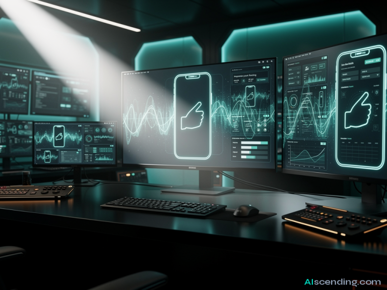 a moonlit rooftop garden above a bustling city, an android with a gentle expression seated at a teal-glowing communications console answering calls while the empty chair beside it faces the skyline, every call routed and resolved before it rings twice — AIscending guide