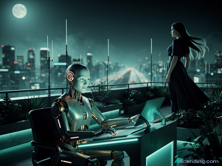 a moonlit rooftop garden above a bustling city, an android with a gentle expression seated at a teal-glowing communications console answering calls, a beautiful woman in flowing dark attire standing at the roof edge gazing at the skyline with calm confidence, teal light catching the contours of her silhouette, every call routed and resolved before it rings twice S139-SCENIC-PEOPLE — AIscending guide