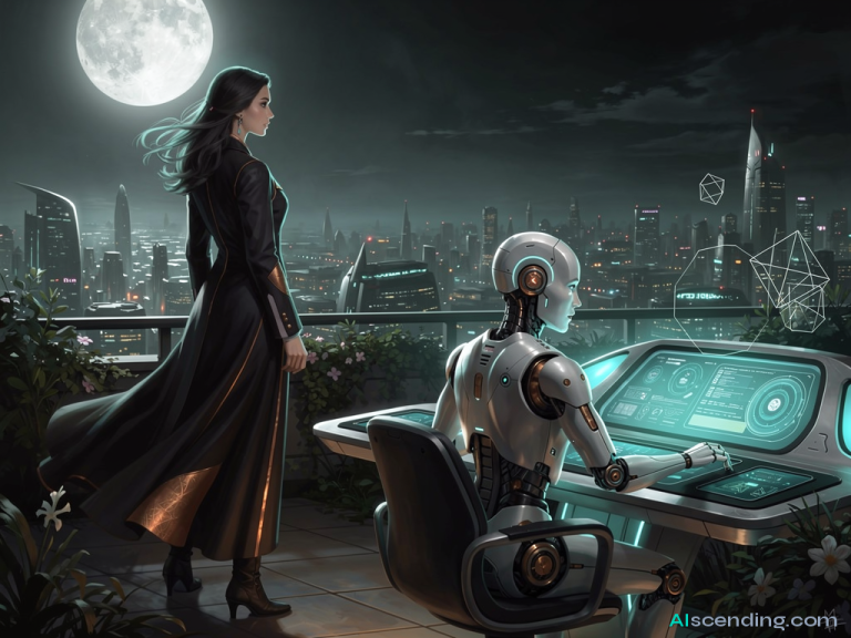 a moonlit rooftop garden above a bustling city, an android with a gentle expression seated at a teal-glowing communications console answering calls, a beautiful woman in flowing dark attire standing at the roof edge gazing at the skyline with calm confidence, teal light catching the contours of her silhouette, every call routed and resolved before it rings twice S139-SCENIC-PEOPLE — AIscending guide