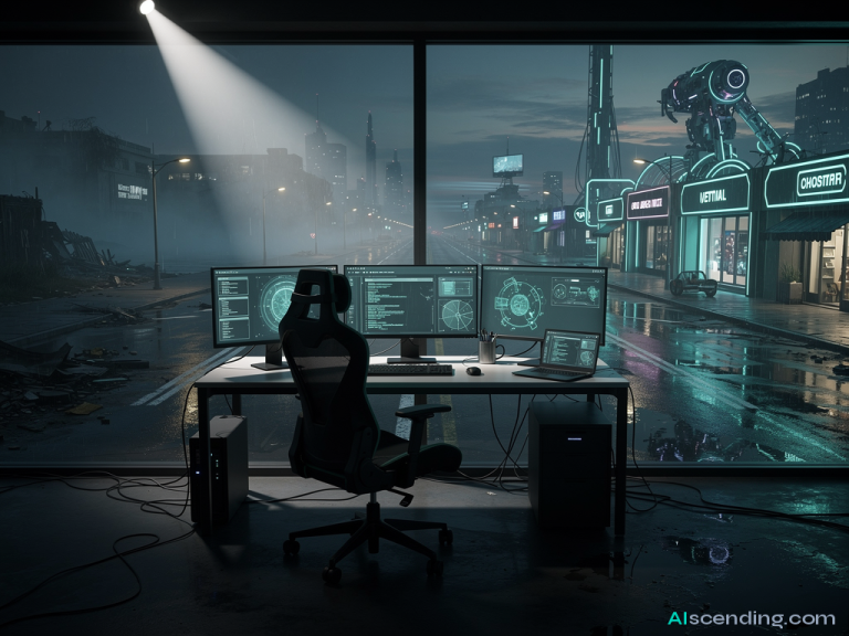 a rain-slicked crossroads in a futuristic coastal city at blue hour, one boulevard fading into fog and neglect while the other blazes with teal-lit storefronts and holographic wayfinding signs pointing forward, puddles reflecting the glow of the chosen path — AIscending guide