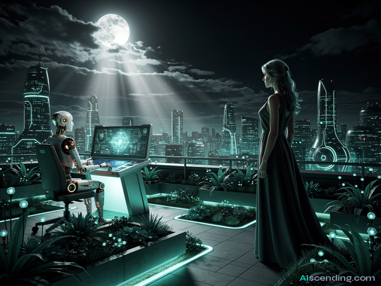 a moonlit rooftop garden above a bustling city, an android with a gentle expression seated at a teal-glowing communications console answering calls, a beautiful woman in flowing dark attire standing at the roof edge gazing at the skyline with calm confidence, teal light catching the contours of her silhouette, every call routed and resolved before it rings twice S139-SCENIC-PEOPLE — AIscending guide
