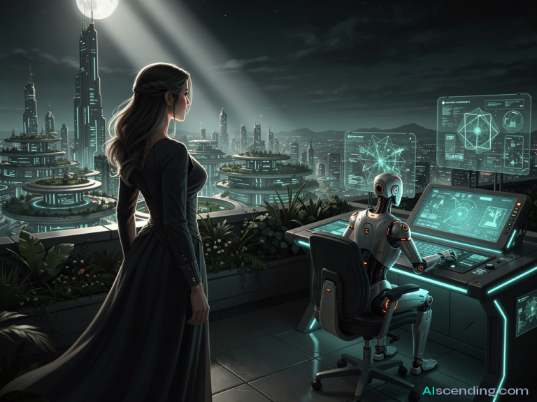 a moonlit rooftop garden above a bustling city, an android with a gentle expression seated at a teal-glowing communications console answering calls, a beautiful woman in flowing dark attire standing at the roof edge gazing at the skyline with calm confidence, teal light catching the contours of her silhouette, every call routed and resolved before it rings twice S139-SCENIC-PEOPLE — AIscending guide