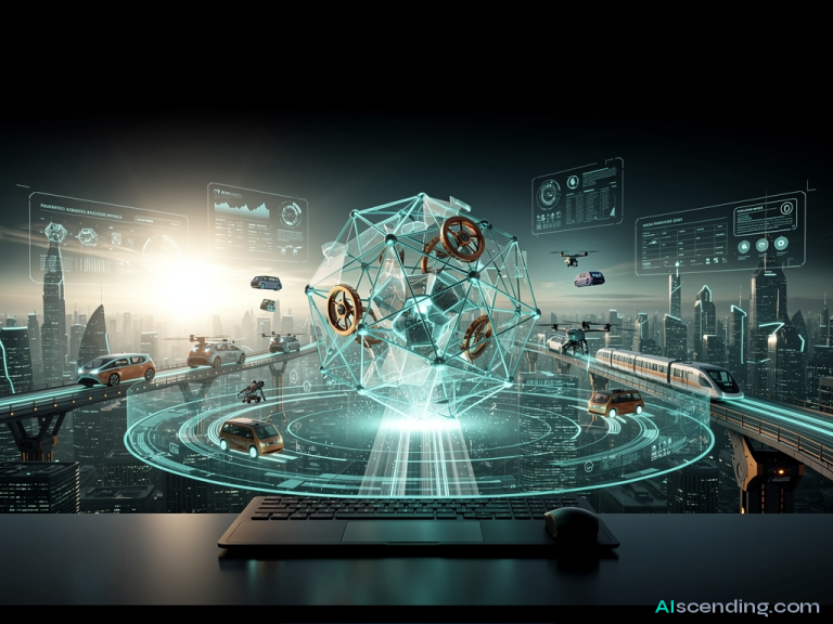 a panoramic view of a smart city at dawn where every transit line, delivery drone, and appointment window pulses in synchronized teal rhythm across a holographic skyline overlay, the entire week orchestrated before the sun clears the horizon — AIscending guide