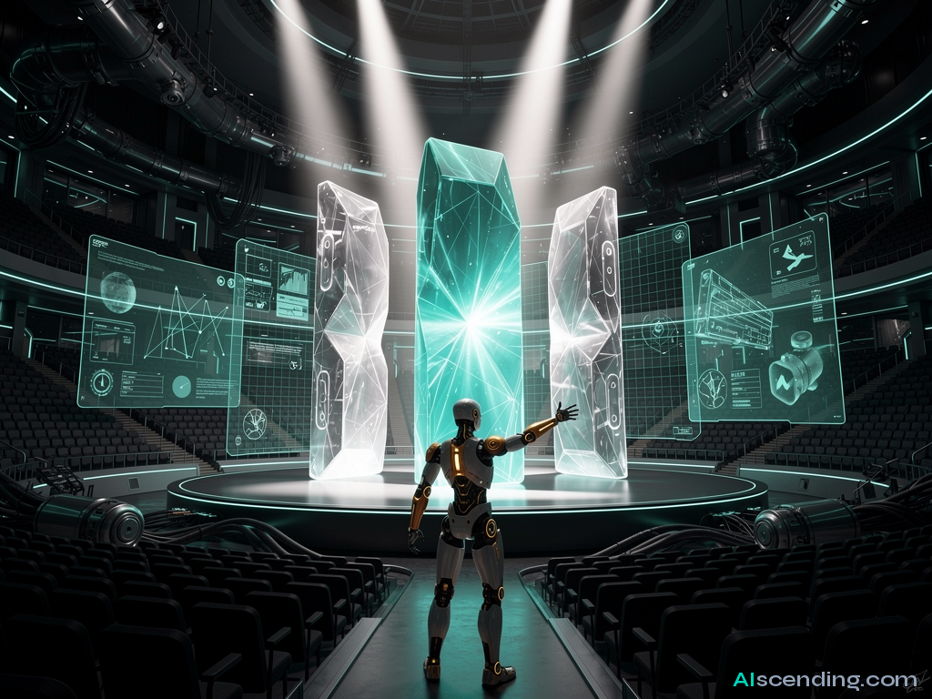 a grand amphitheater at twilight with three towering holographic product monuments on stage, a hyper-realistic android curator gesturing toward the center monument as it pulses brighter in teal while the flanking two respectfully dim, the audience seats empty because the verdict speaks for itself — AIscending guide