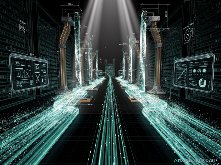 two massive data rivers converging inside a cathedral-scale server hall at midnight, teal light refracting through crystalline conduits where the streams merge into one silent torrent, every packet finding its destination, the architecture humming in perfect sync — AIscending guide