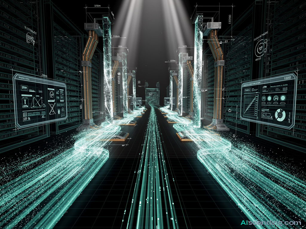 two massive data rivers converging inside a cathedral-scale server hall at midnight, teal light refracting through crystalline conduits where the streams merge into one silent torrent, every packet finding its destination, the architecture humming in perfect sync — AIscending guide