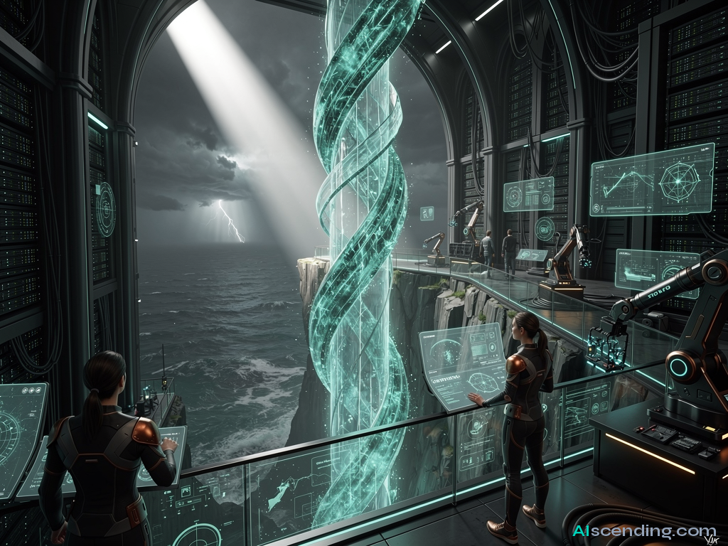 two massive data rivers converging inside a cathedral-scale server hall at midnight, teal light refracting through crystalline conduits where the streams merge into one silent torrent, every packet finding its destination, the architecture humming in perfect sync — AIscending guide
