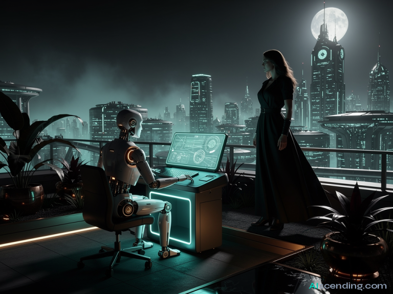 a moonlit rooftop garden above a bustling city, an android with a gentle expression seated at a teal-glowing communications console answering calls, a beautiful woman in flowing dark attire standing at the roof edge gazing at the skyline with calm confidence, teal light catching the contours of her silhouette, every call routed and resolved before it rings twice S139-SCENIC-PEOPLE — AIscending guide