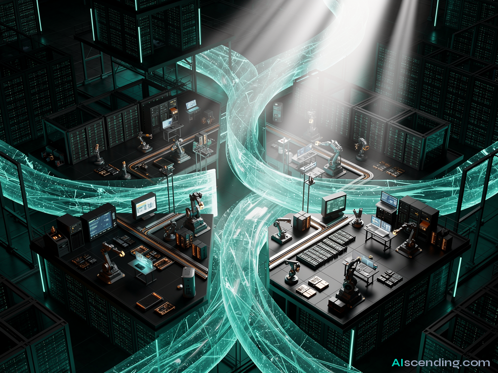 two massive data rivers converging inside a cathedral-scale server hall at midnight, teal light refracting through crystalline conduits where the streams merge into one silent torrent, every packet finding its destination, the architecture humming in perfect sync — AIscending guide