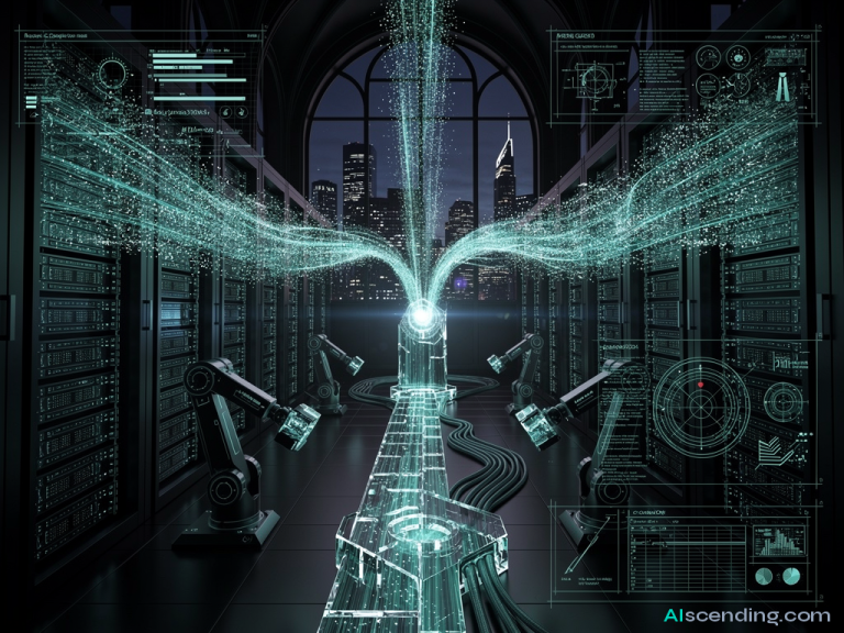 two massive data rivers converging inside a cathedral-scale server hall at midnight, teal light refracting through crystalline conduits where the streams merge into one silent torrent, every packet finding its destination, the architecture humming in perfect sync — AIscending guide