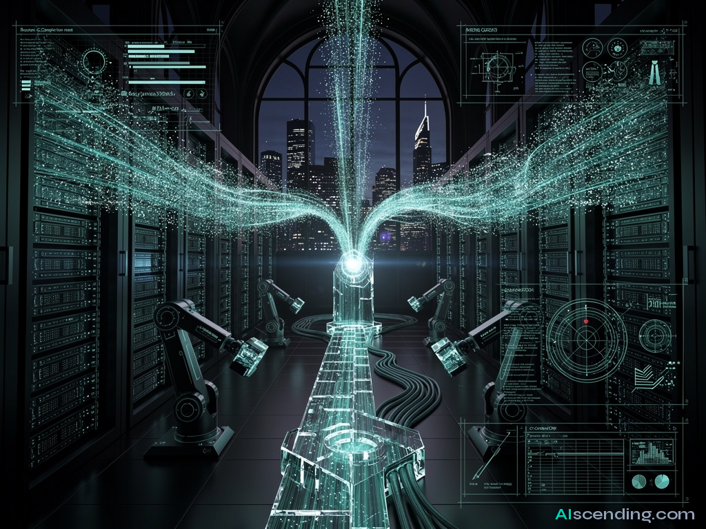 two massive data rivers converging inside a cathedral-scale server hall at midnight, teal light refracting through crystalline conduits where the streams merge into one silent torrent, every packet finding its destination, the architecture humming in perfect sync — AIscending guide