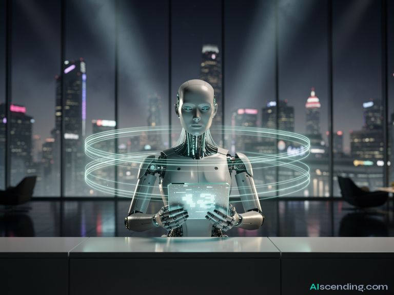 Cinematic hyper-realistic wide shot of an elegant android receptionist standing in a futuristic lobby with floor-to-ceiling windows overlooking a city at twilight, teal notification lights cascading around her, she holds a transparent tablet showing incoming calls being routed, her posture poised and confident, atmospheric volumetric lighting, 8k resolution — AIscending guide