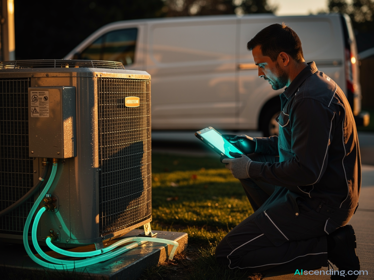 an HVAC technician kneels beside an outdoor condenser at a residential job site at golden hour, branded service van in the driveway, a teal-glowing diagnostic tablet in hand, 8k resolution — AIscending guide