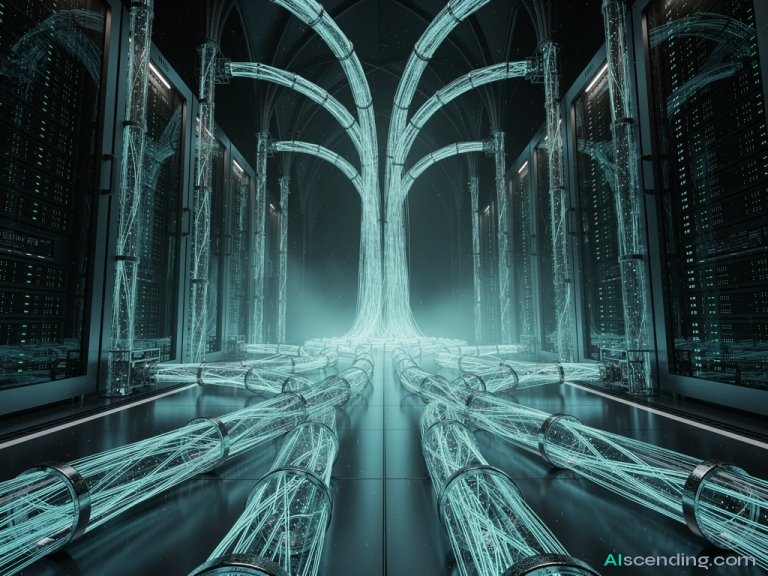 two massive data rivers converging inside a cathedral-scale server hall at midnight, teal light refracting through crystalline conduits where the streams merge into one silent torrent, every packet finding its destination, the architecture humming in perfect sync — AIscending guide