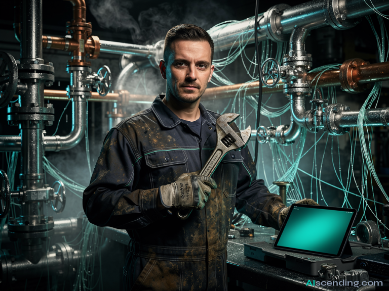 a skilled plumber in grease-stained coveralls in a chaotic high-tech workshop, he faces the camera with a confident knowing look, wrench in hand, behind him a complex network of steaming pipes and copper fittings, a teal-glowing tablet shows incoming service calls auto-dispatched, atmospheric industrial lighting with teal accents, 8k resolution — AIscending guide