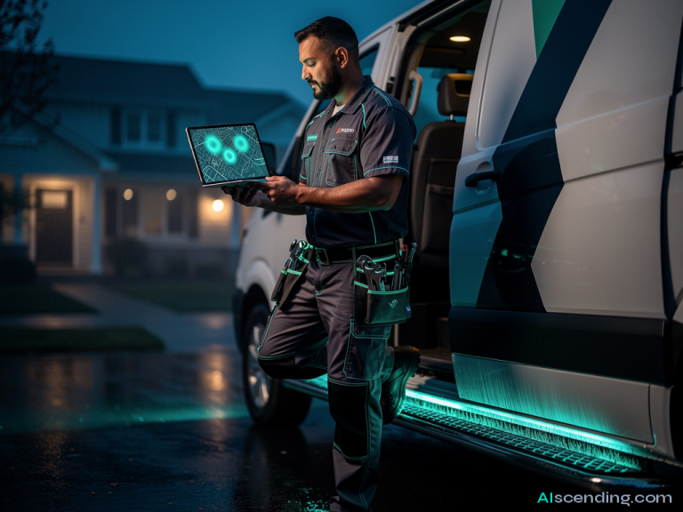 medium shot of a plumber stepping out of a branded service van in a residential driveway at blue hour, work belt slung low, holding a tablet that shows the next three jobs auto-routed with teal map pins, neighborhood porch lights warm in the background, atmospheric volumetric light, 8k cinematic — AIscending guide