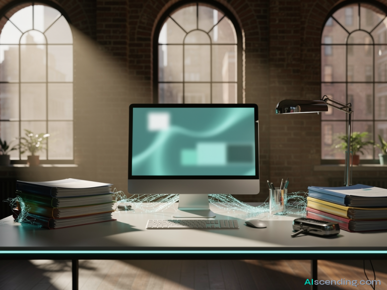 wide shot of an insurance brokers desk in a converted historic building, sunlight streaming through tall windows onto neatly stacked policy folders, a teal-glowing claims-tracker monitor showing every active claim moving through pipeline, warm midday light, 8k atmospheric — AIscending guide