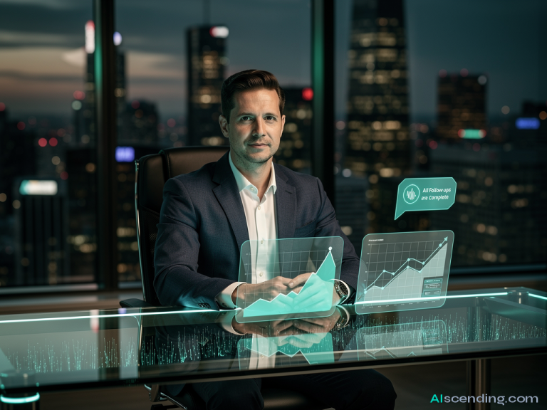 a sharp financial advisor in a modern office, he faces the camera with a calm assured expression, tailored navy suit, glass desk with floating holographic portfolio displays in teal, behind him floor-to-ceiling windows reveal a city financial district at dusk, a teal notification shows all follow-ups completed, atmospheric teal and amber lighting, 8k resolution — AIscending guide