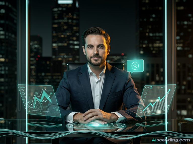 a sharp financial advisor in a modern office, he faces the camera with a calm assured expression, tailored navy suit, glass desk with floating holographic portfolio displays in teal, behind him floor-to-ceiling windows reveal a city financial district at dusk, a teal notification shows all follow-ups completed, atmospheric teal and amber lighting, 8k resolution — AIscending guide