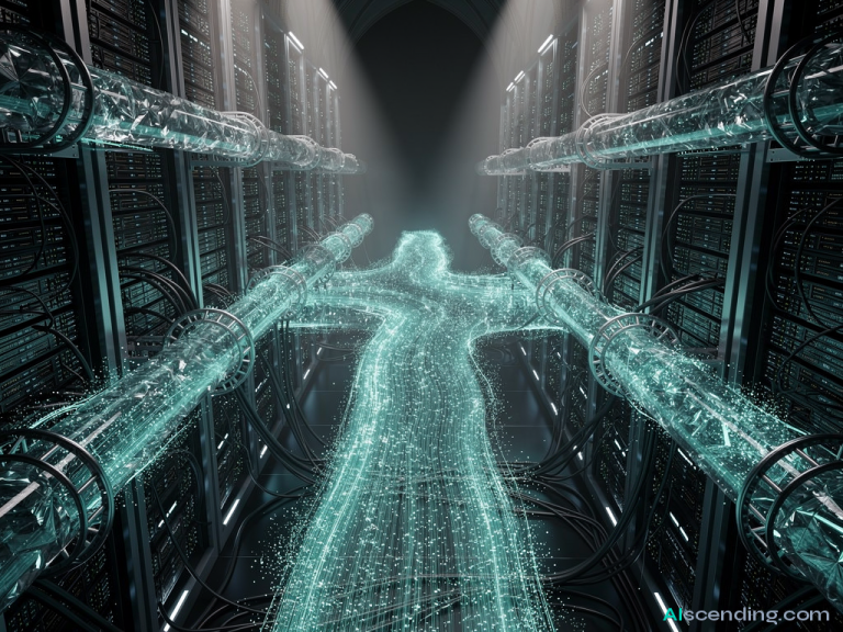 two massive data rivers converging inside a cathedral-scale server hall at midnight, teal light refracting through crystalline conduits where the streams merge into one silent torrent, every packet finding its destination, the architecture humming in perfect sync — AIscending guide