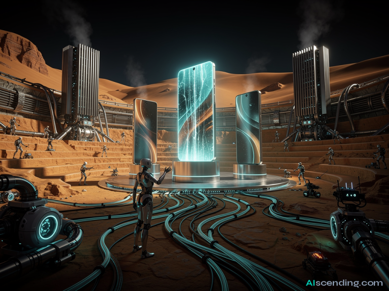 a grand amphitheater at twilight with three towering holographic product monuments on stage, a hyper-realistic android curator gesturing toward the center monument as it pulses brighter in teal while the flanking two respectfully dim, the audience seats empty because the verdict speaks for itself — AIscending guide