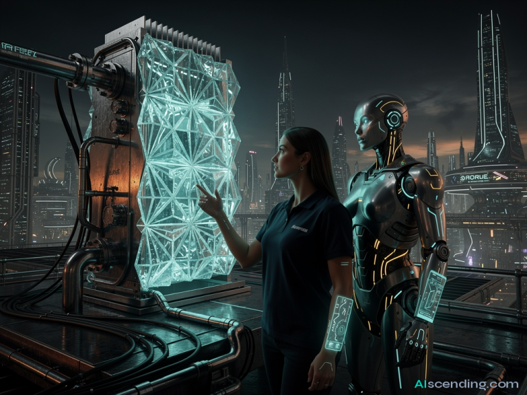 a grand amphitheater at twilight with three towering holographic product monuments on stage, a hyper-realistic android curator gesturing toward the center monument as it pulses brighter in teal while the flanking two respectfully dim, the audience seats empty because the verdict speaks for itself — AIscending guide