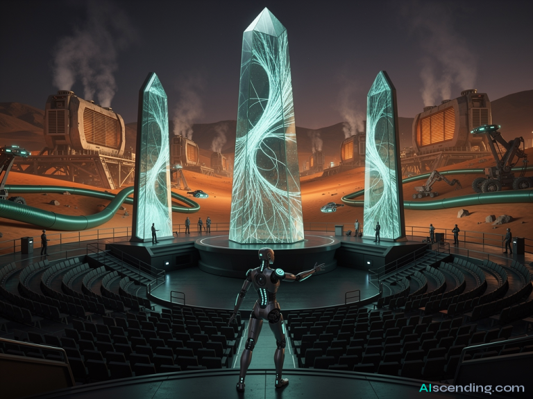 a grand amphitheater at twilight with three towering holographic product monuments on stage, a hyper-realistic android curator gesturing toward the center monument as it pulses brighter in teal while the flanking two respectfully dim, the audience seats empty because the verdict speaks for itself — AIscending guide