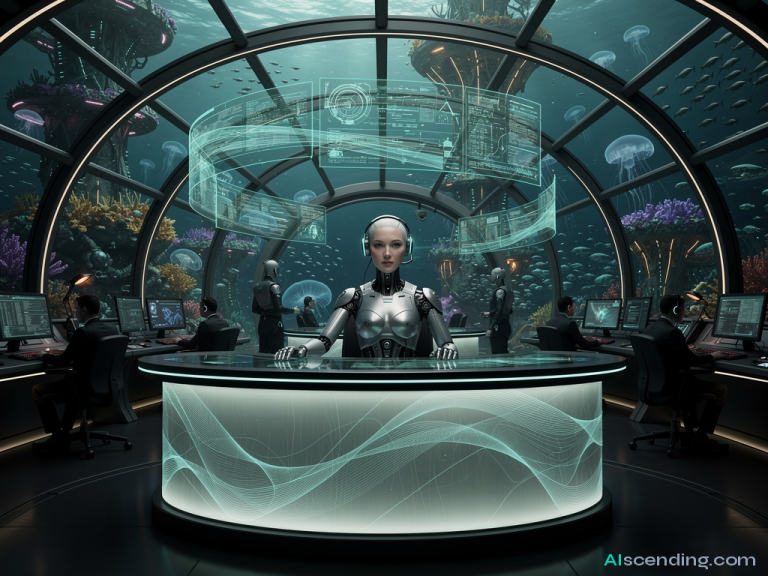 Cinematic hyper-realistic shot of a striking android receptionist seated at a curved teal-lit console in a dimly lit command center, multiple holographic call streams flowing around her, her expression calm and focused, glowing ports visible along her forearms, single dramatic teal light source from above, deep cinematic shadows, 8k detail — AIscending guide