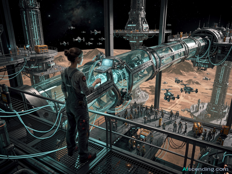 a vast orbital relay station where crystalline data bridges arc between floating platform islands, teal energy pulsing through transparent conduits as autonomous drones ferry glowing data packets between nodes, deep space visible through panoramic windows — AIscending guide