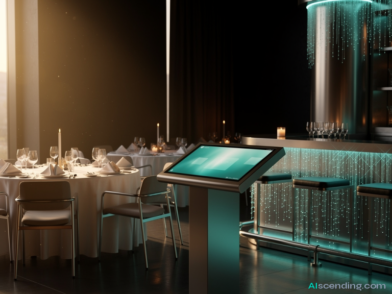 wide shot of an elegant dining room at golden hour just before service, tables set with crystal and linen, a teal-glowing host stand display showing the nights reservations fully confirmed, warm candlelight, atmospheric 8k — AIscending guide