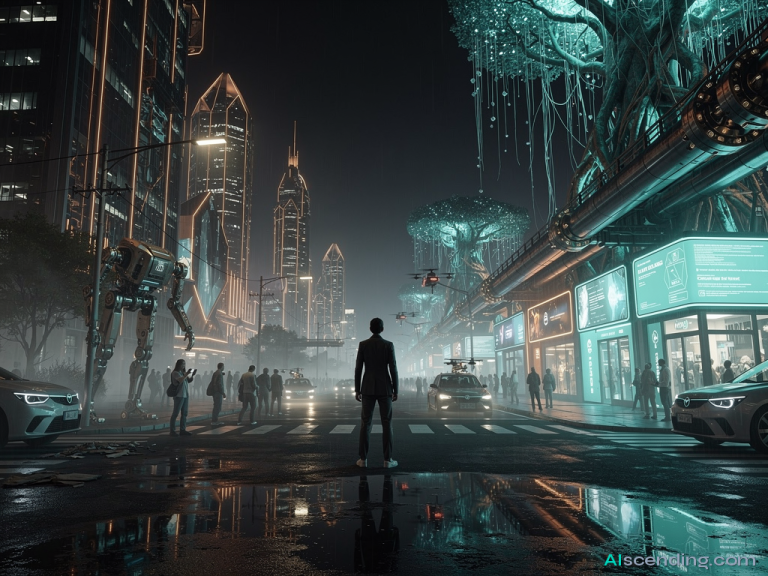 a rain-slicked crossroads in a futuristic coastal city at blue hour, one boulevard fading into fog and neglect while the other blazes with teal-lit storefronts and holographic wayfinding signs pointing forward, puddles reflecting the glow of the chosen path — AIscending guide