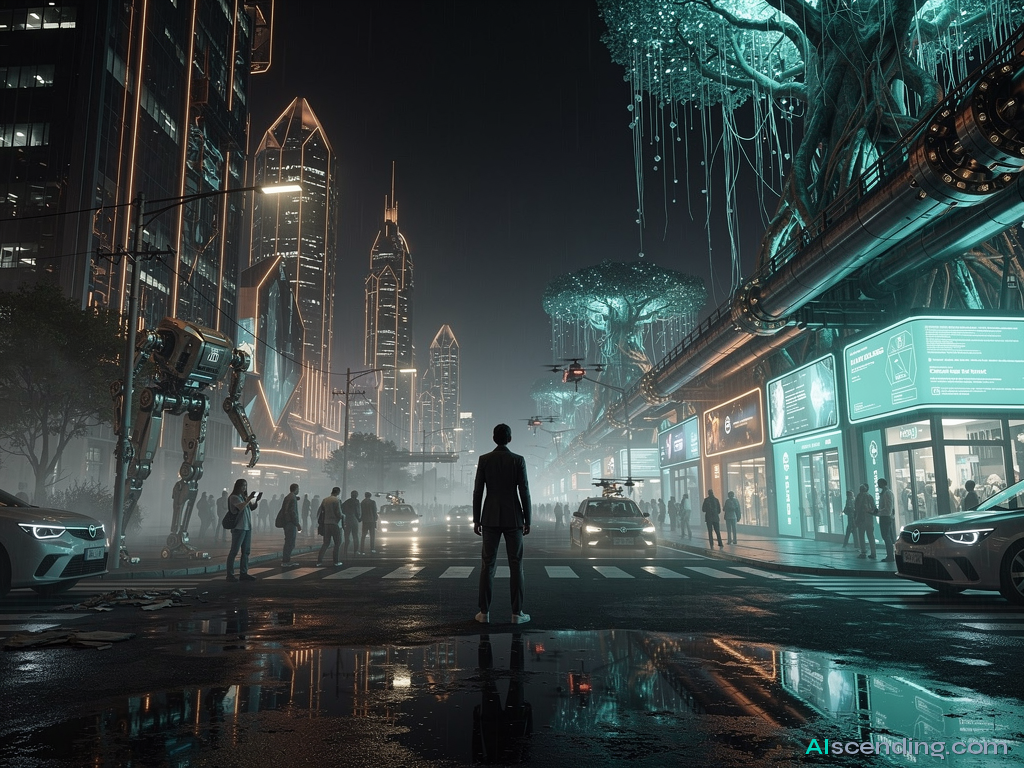 a rain-slicked crossroads in a futuristic coastal city at blue hour, one boulevard fading into fog and neglect while the other blazes with teal-lit storefronts and holographic wayfinding signs pointing forward, puddles reflecting the glow of the chosen path — AIscending guide