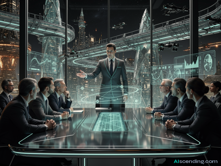 medium shot of an attorney meeting a client across a sleek conference table at golden hour, both leaning toward a holographic case-timeline projected in teal between them, city skyline through floor-to-ceiling windows, 8k cinematic — AIscending guide