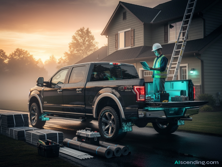 pre-job wide shot of a roofers truck parked beside a two-story house at sunrise, materials neatly stacked, extension ladder propped, lead roofer reviewing job specs on a teal-glowing tablet on the tailgate, morning mist softening the scene, 8k atmospheric — AIscending guide