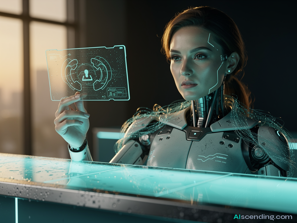 Cinematic hyper-realistic close-up of a beautiful android receptionist at a luminous teal reception desk, her synthetic skin flawless with subtle seam lines at the jaw, one hand gracefully lifting a translucent holographic call panel, warm amber key light from a window behind her, deep shadows, confident professional gaze, 8k detail — AIscending guide