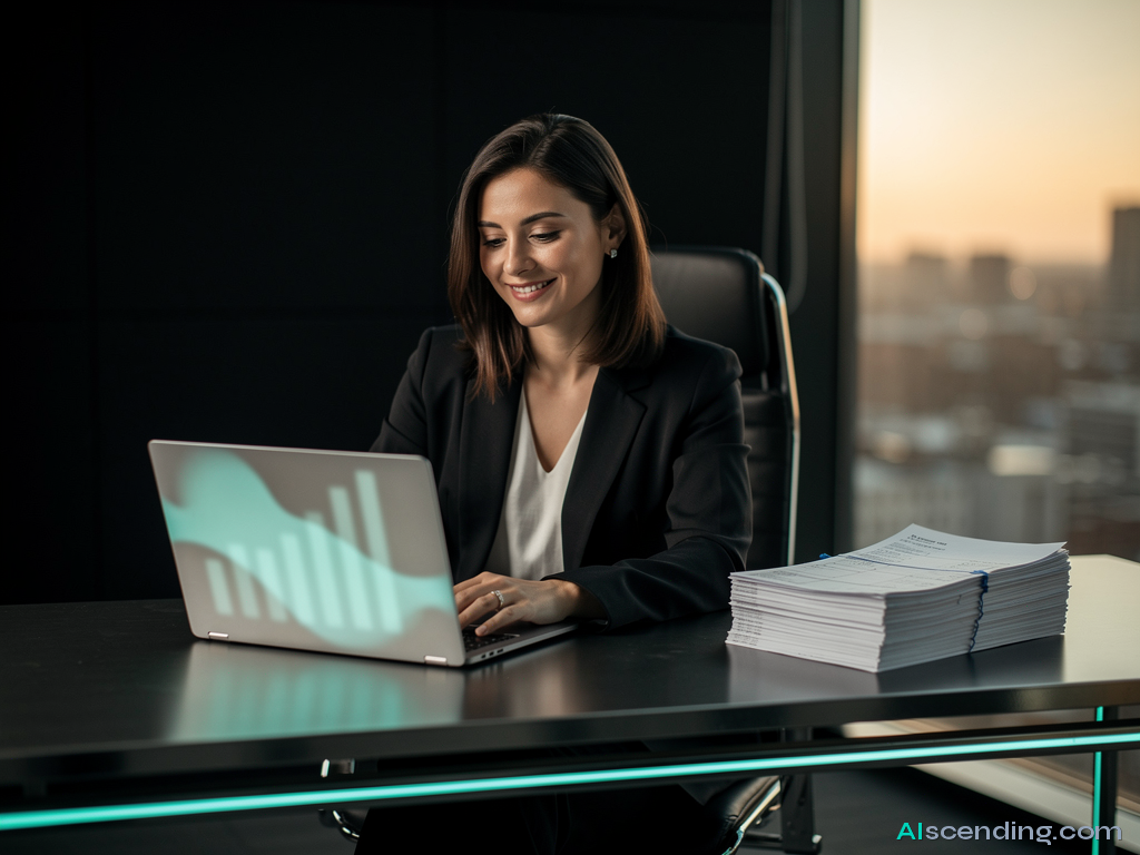 a confident small business owner sitting at a modern desk at golden hour, laptop open showing clean teal-highlighted dashboard columns, neat stack of invoices resolved beside her, warm afternoon light through floor-to-ceiling windows, the calm satisfaction of costs finally understood and controlled, atmospheric depth of field, 8k cinematic — AIscending guide
