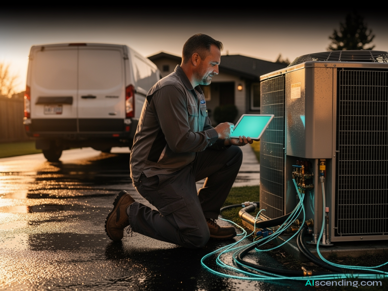 an HVAC technician kneels beside an outdoor condenser at a residential job site at golden hour, branded service van in the driveway, a teal-glowing diagnostic tablet in hand, 8k resolution — AIscending guide