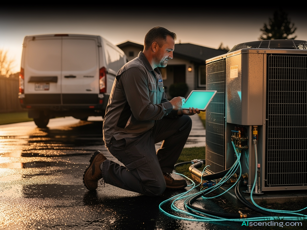 an HVAC technician kneels beside an outdoor condenser at a residential job site at golden hour, branded service van in the driveway, a teal-glowing diagnostic tablet in hand, 8k resolution — AIscending guide