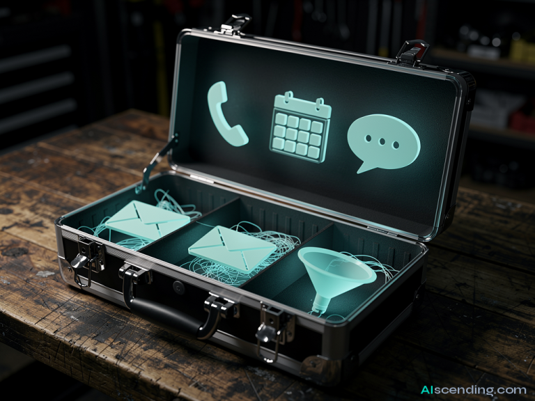 Overhead cinematic shot of an open rugged contractor toolbox sitting on a worn workshop bench. Inside the compartments, instead of wrenches and pliers, softly glowing teal icons: a phone handset, a calendar grid, a chat bubble, an envelope, a funnel shape. Teal glow casts light on the surrounding wood grain. Dark moody workshop background, shallow depth of field, no text, no people, no screens or devices — AIscending guide