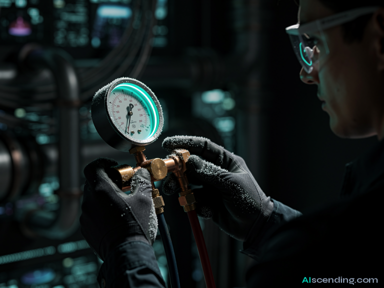 close-up of HVAC technician gloves on a refrigerant gauge over a heat pump, frost crystallizing on copper fittings, teal LED reflections in safety glasses, dramatic side lighting, 8k macro detail — AIscending guide