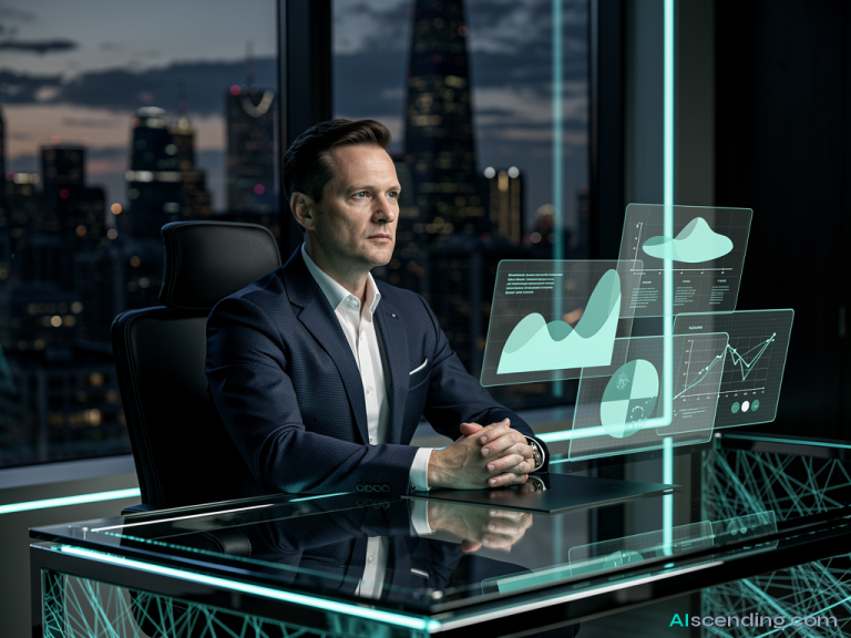 a sharp financial advisor in a modern office, calm assured expression, tailored navy suit, glass desk with floating holographic portfolio displays in teal, city financial district at dusk through floor-to-ceiling windows, 8k cinematic — AIscending guide